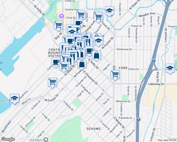 map of restaurants, bars, coffee shops, grocery stores, and more near 1210 North Forest Street in Bellingham