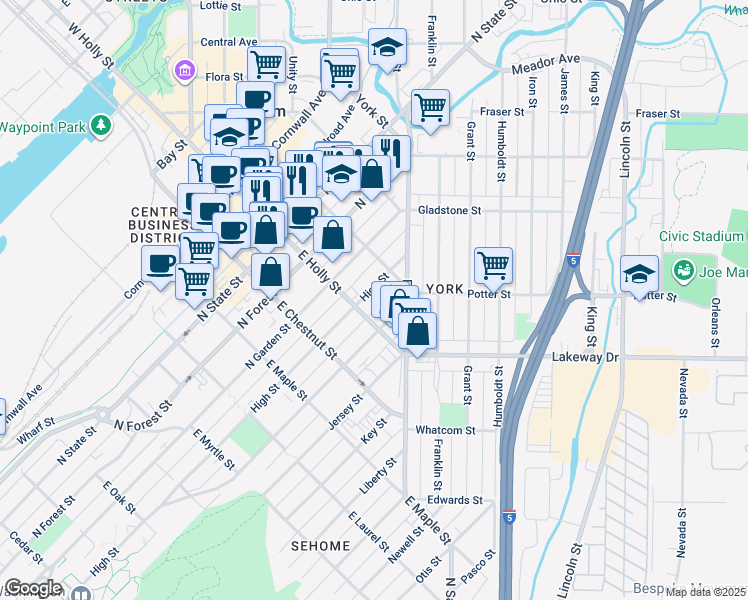 map of restaurants, bars, coffee shops, grocery stores, and more near 607 East Holly Street in Bellingham