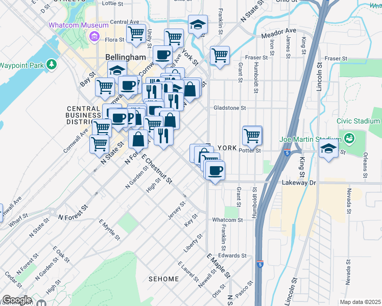 map of restaurants, bars, coffee shops, grocery stores, and more near 1315 High Street in Bellingham