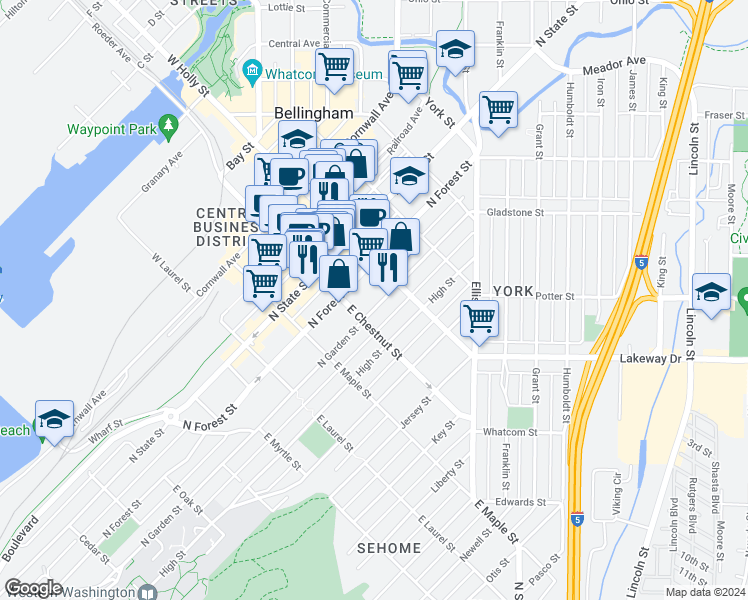 map of restaurants, bars, coffee shops, grocery stores, and more near 1213 North Garden Street in Bellingham