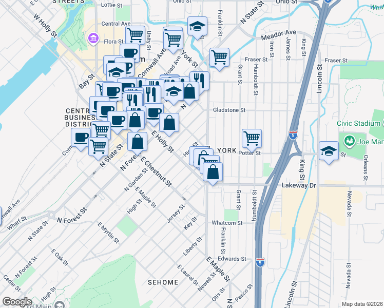 map of restaurants, bars, coffee shops, grocery stores, and more near 1314 High Street in Bellingham