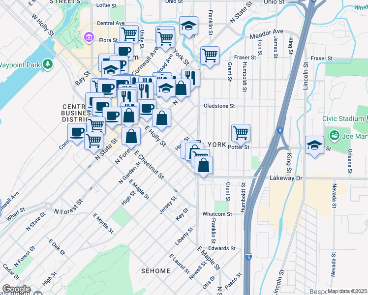 map of restaurants, bars, coffee shops, grocery stores, and more near 1315 High Street in Bellingham