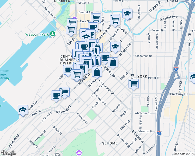 map of restaurants, bars, coffee shops, grocery stores, and more near E Chestnut St & N Forest St in Bellingham