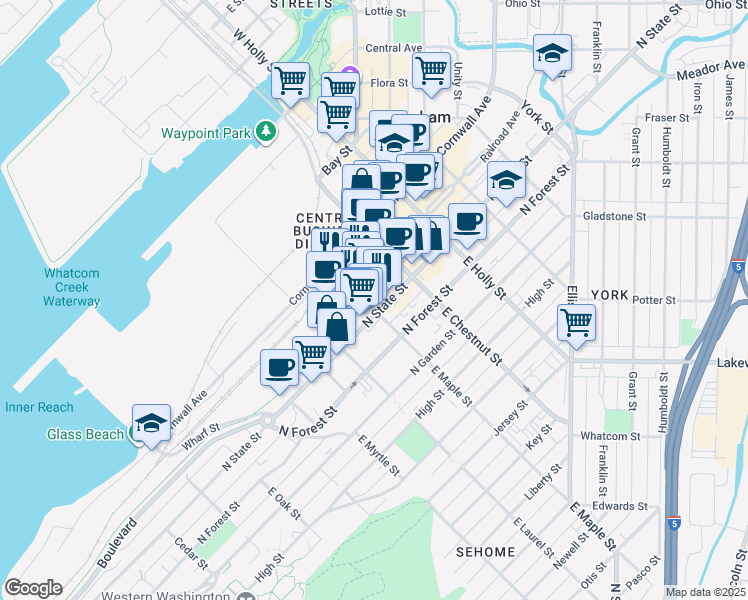 map of restaurants, bars, coffee shops, grocery stores, and more near 1101 North State Street in Bellingham