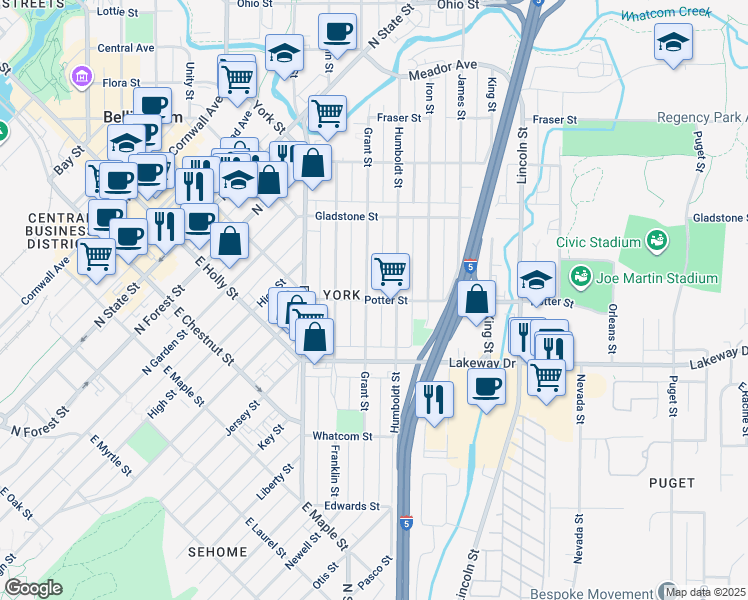 map of restaurants, bars, coffee shops, grocery stores, and more near 547 Potter Street in Bellingham