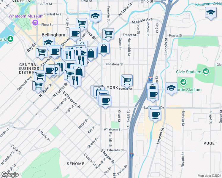 map of restaurants, bars, coffee shops, grocery stores, and more near Franklin St & Potter St in Bellingham