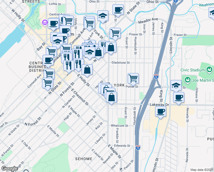 map of restaurants, bars, coffee shops, grocery stores, and more near 610 East Magnolia Street in Bellingham