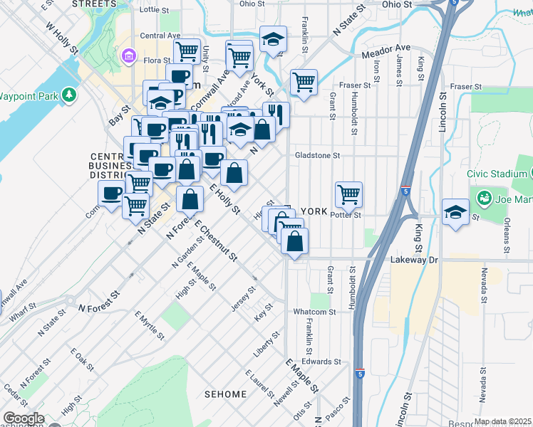 map of restaurants, bars, coffee shops, grocery stores, and more near 1315 High Street in Bellingham