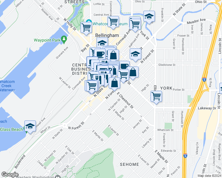 map of restaurants, bars, coffee shops, grocery stores, and more near 310 East Chestnut Street in Bellingham