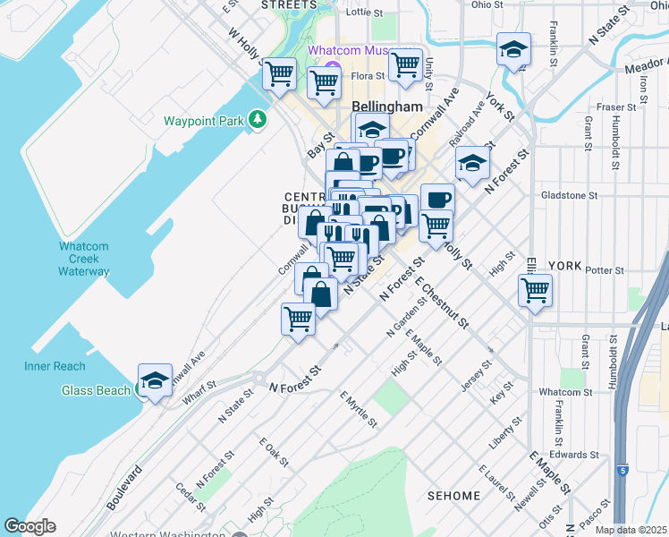 map of restaurants, bars, coffee shops, grocery stores, and more near 205 East Maple Street in Bellingham