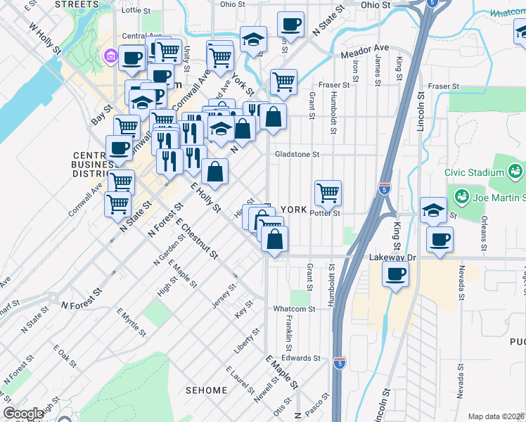 map of restaurants, bars, coffee shops, grocery stores, and more near 610 East Magnolia Street in Bellingham