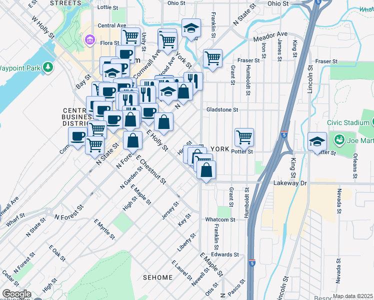 map of restaurants, bars, coffee shops, grocery stores, and more near 1315 High Street in Bellingham