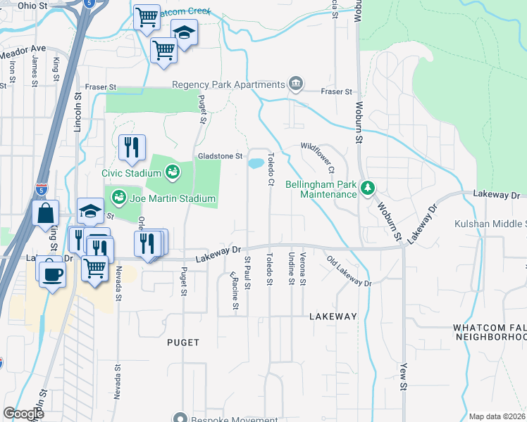 map of restaurants, bars, coffee shops, grocery stores, and more near 1401 Toledo Street in Bellingham