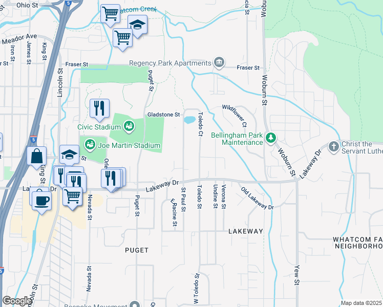 map of restaurants, bars, coffee shops, grocery stores, and more near 1401 Toledo Street in Bellingham