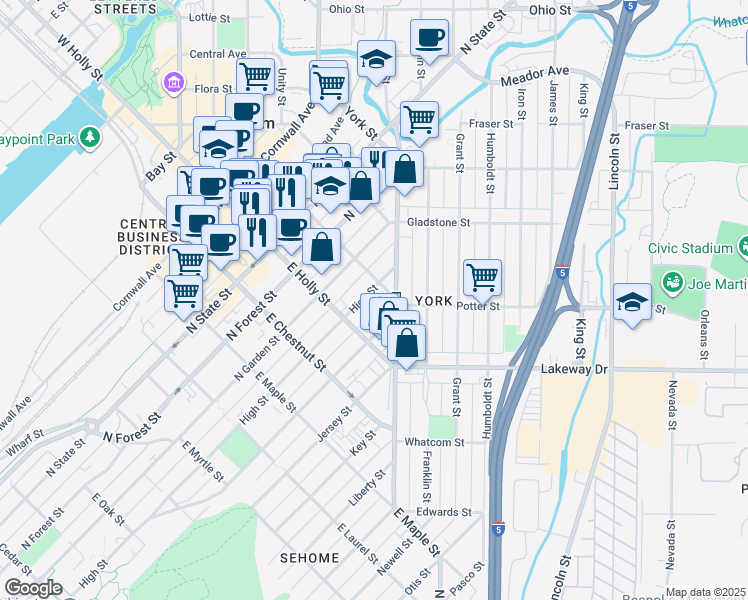map of restaurants, bars, coffee shops, grocery stores, and more near 610 East Magnolia Street in Bellingham