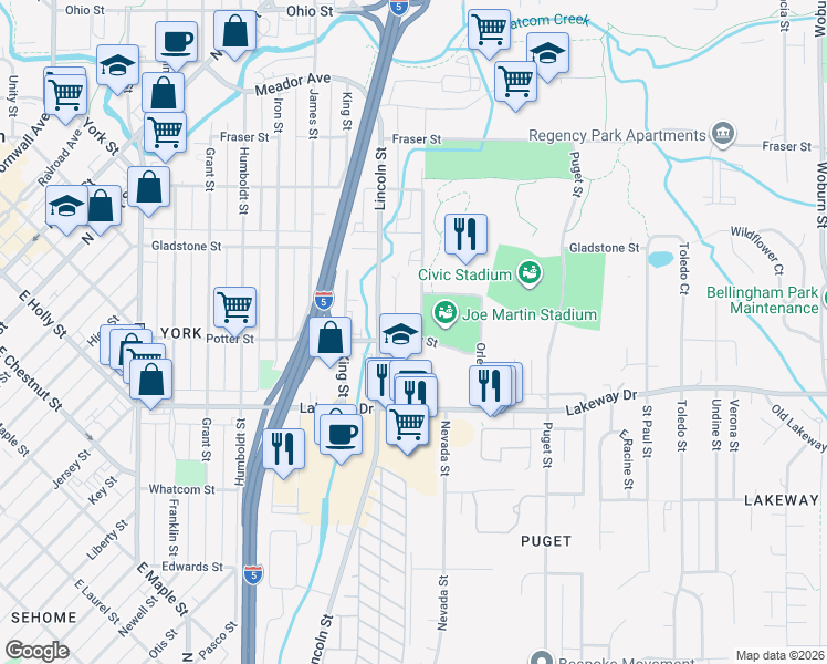 map of restaurants, bars, coffee shops, grocery stores, and more near 1025 Potter Street in Bellingham