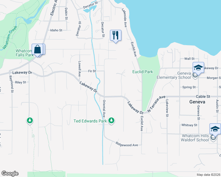map of restaurants, bars, coffee shops, grocery stores, and more near 1416 Oriental Avenue in Bellingham