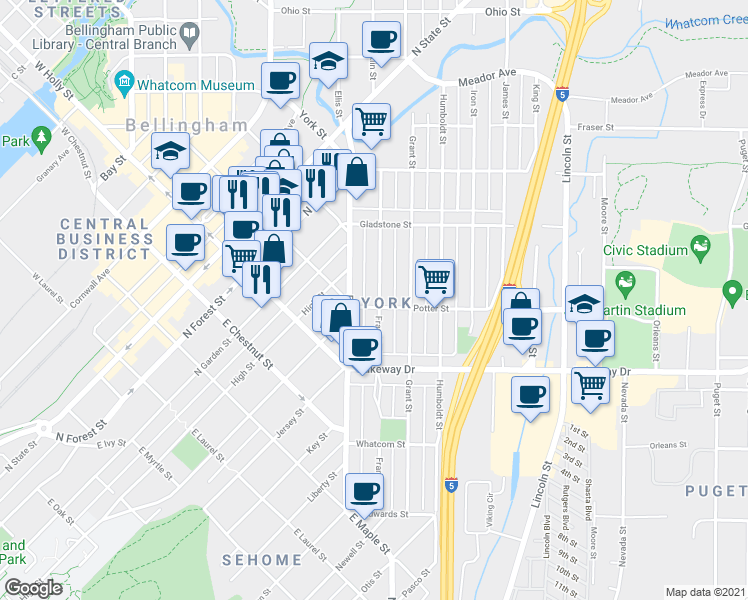 map of restaurants, bars, coffee shops, grocery stores, and more near 315 Potter Street in Bellingham