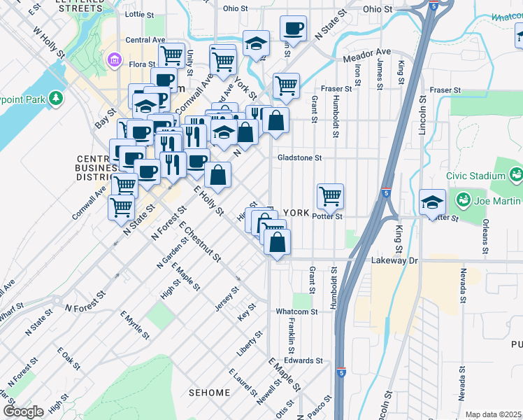 map of restaurants, bars, coffee shops, grocery stores, and more near 610 East Magnolia Street in Bellingham