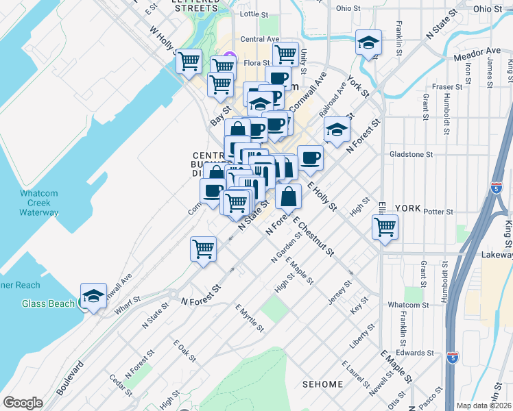 map of restaurants, bars, coffee shops, grocery stores, and more near 1115 Railroad Avenue in Bellingham