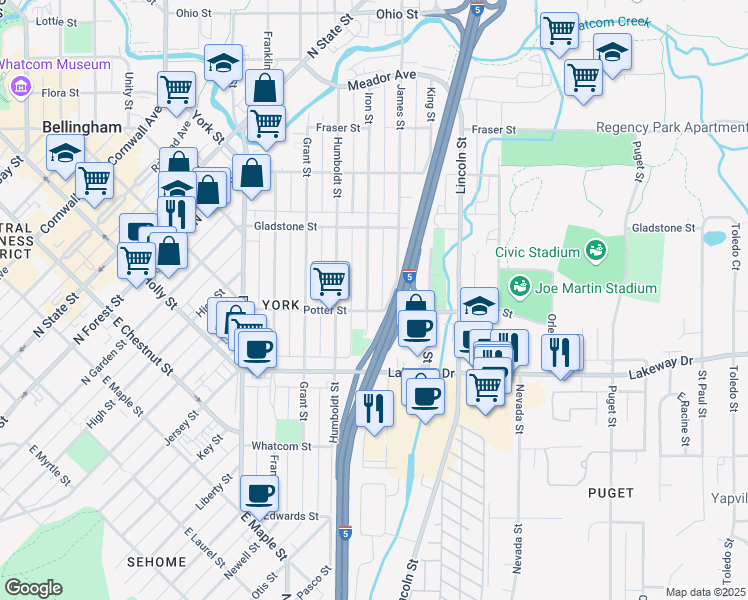 map of restaurants, bars, coffee shops, grocery stores, and more near 1408 Iron Street in Bellingham