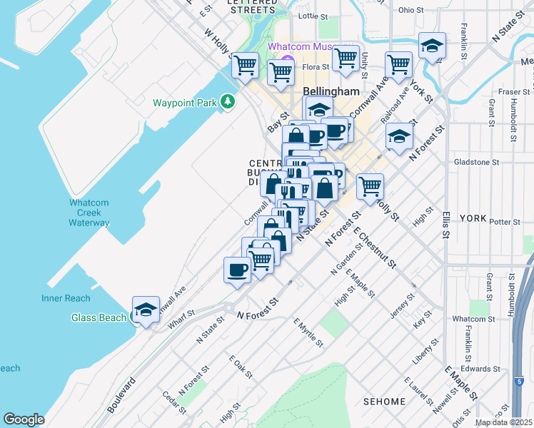 map of restaurants, bars, coffee shops, grocery stores, and more near 1020 Cornwall Avenue in Bellingham