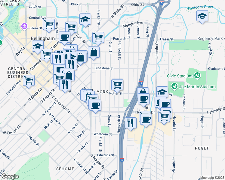 map of restaurants, bars, coffee shops, grocery stores, and more near 1404 Grant Street in Bellingham