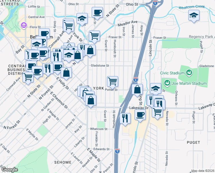 map of restaurants, bars, coffee shops, grocery stores, and more near 1404 Grant Street in Bellingham