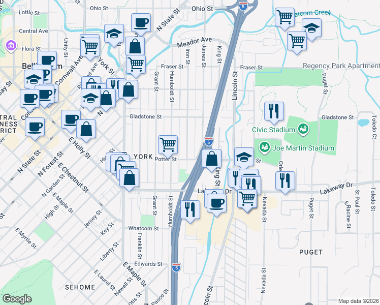 map of restaurants, bars, coffee shops, grocery stores, and more near 1408 Iron Street in Bellingham