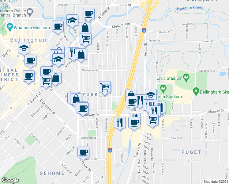 map of restaurants, bars, coffee shops, grocery stores, and more near 1408 Iron Street in Bellingham