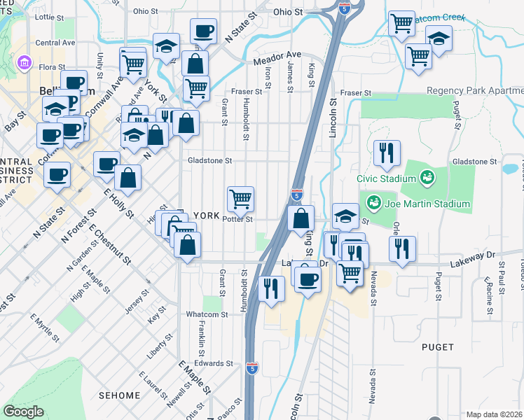 map of restaurants, bars, coffee shops, grocery stores, and more near 1408 Iron Street in Bellingham