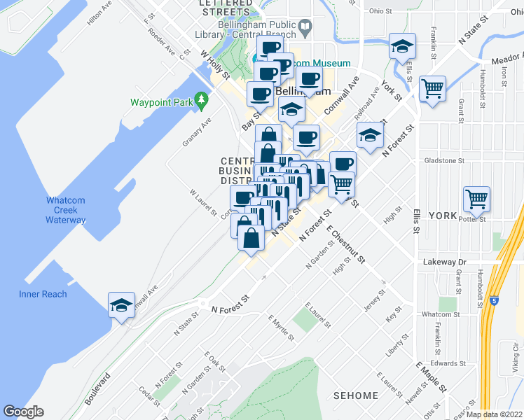 map of restaurants, bars, coffee shops, grocery stores, and more near East Maple Street & Railroad Avenue in Bellingham