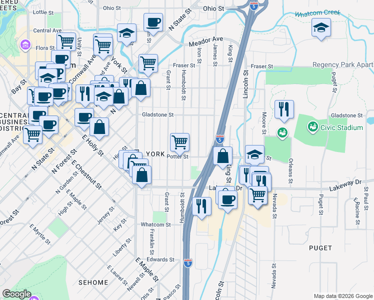 map of restaurants, bars, coffee shops, grocery stores, and more near 1408 Humboldt Street in Bellingham