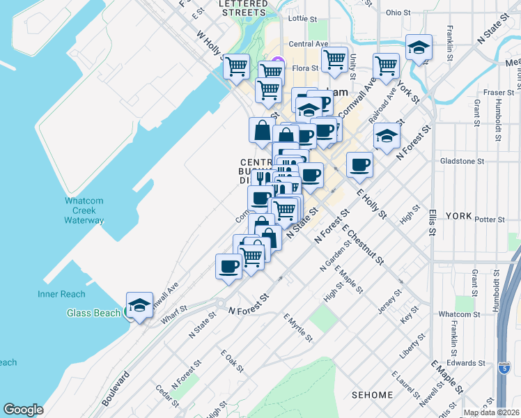 map of restaurants, bars, coffee shops, grocery stores, and more near 1020 Cornwall Avenue in Bellingham