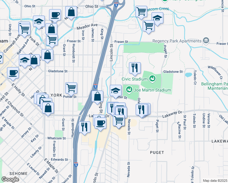 map of restaurants, bars, coffee shops, grocery stores, and more near 1015 Potter Street in Bellingham