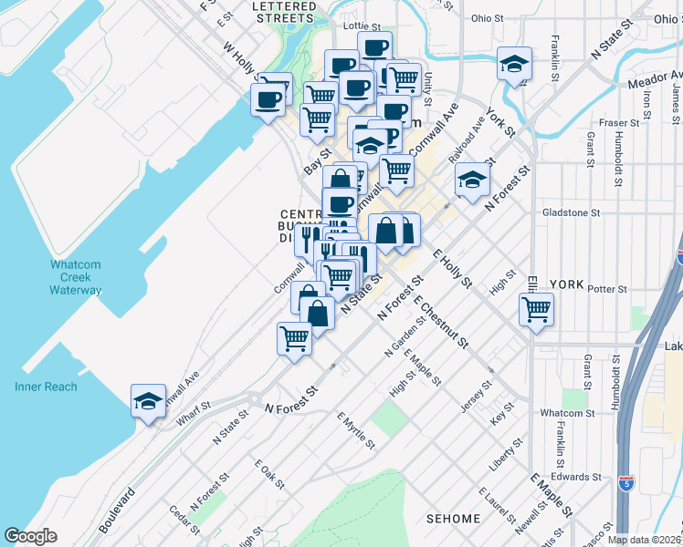 map of restaurants, bars, coffee shops, grocery stores, and more near 1100 Railroad Avenue in Bellingham