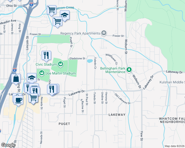 map of restaurants, bars, coffee shops, grocery stores, and more near 1407 Toledo Street in Bellingham