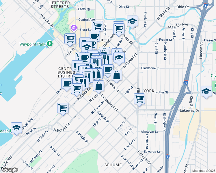 map of restaurants, bars, coffee shops, grocery stores, and more near 1220 North Forest Street in Bellingham