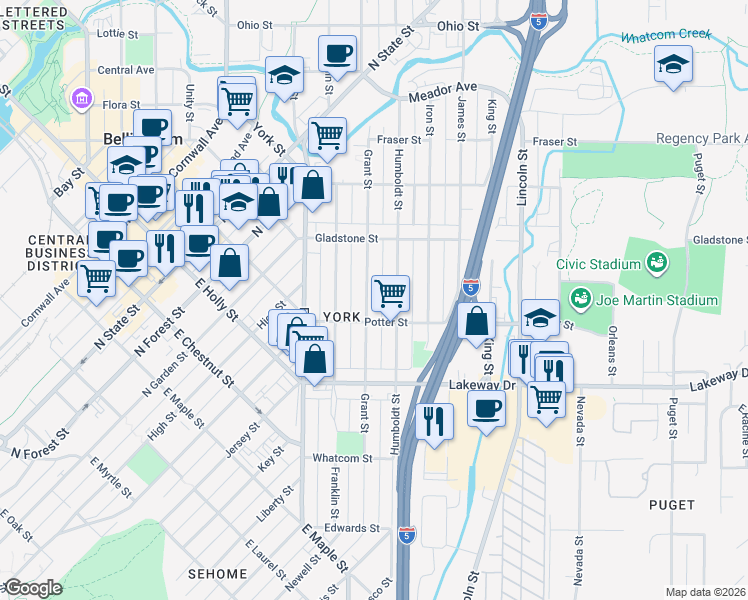 map of restaurants, bars, coffee shops, grocery stores, and more near 1404 Grant Street in Bellingham