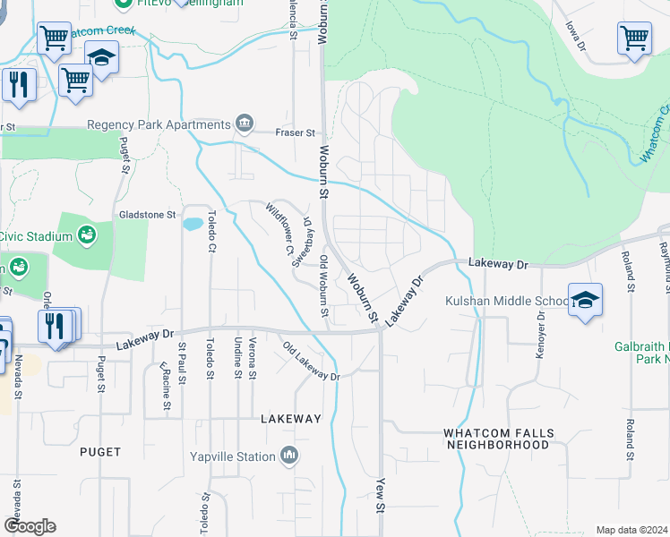 map of restaurants, bars, coffee shops, grocery stores, and more near 1400 Woburn Street in Bellingham