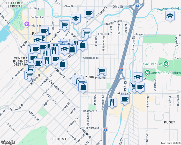 map of restaurants, bars, coffee shops, grocery stores, and more near 315 Potter Street in Bellingham