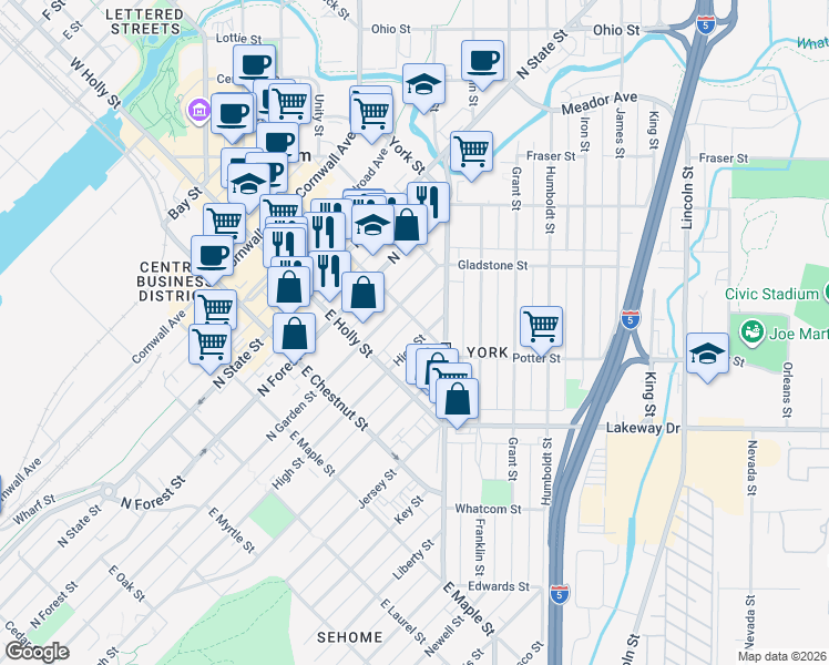 map of restaurants, bars, coffee shops, grocery stores, and more near 1315 High Street in Bellingham