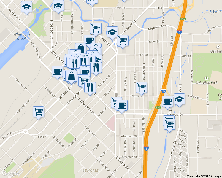 map of restaurants, bars, coffee shops, grocery stores, and more near High St & E Magnolia St in Bellingham