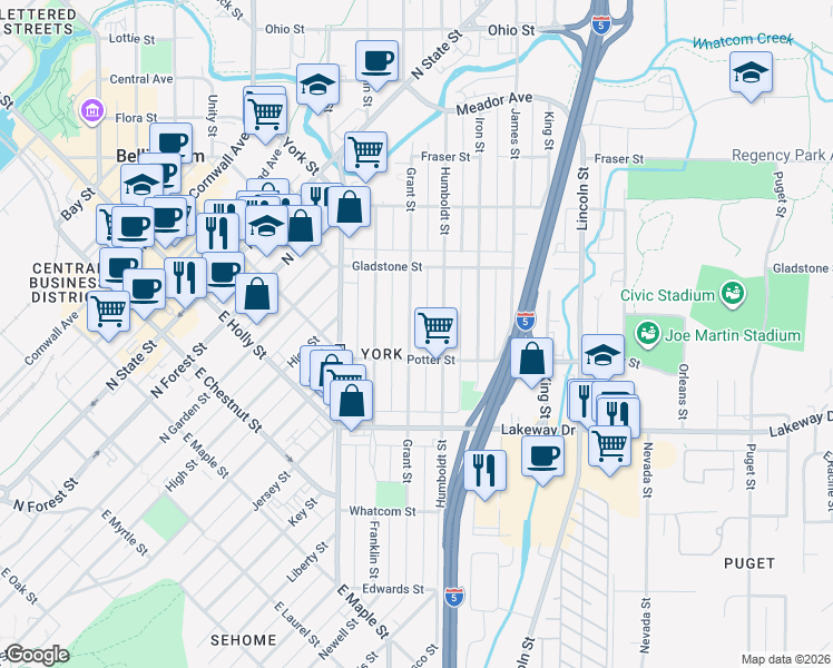 map of restaurants, bars, coffee shops, grocery stores, and more near 1404 Grant Street in Bellingham