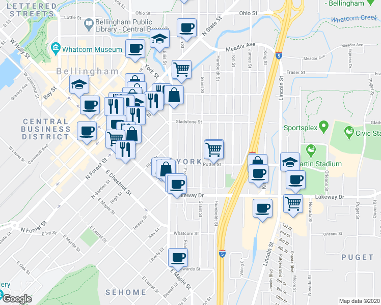 map of restaurants, bars, coffee shops, grocery stores, and more near in Bellingham
