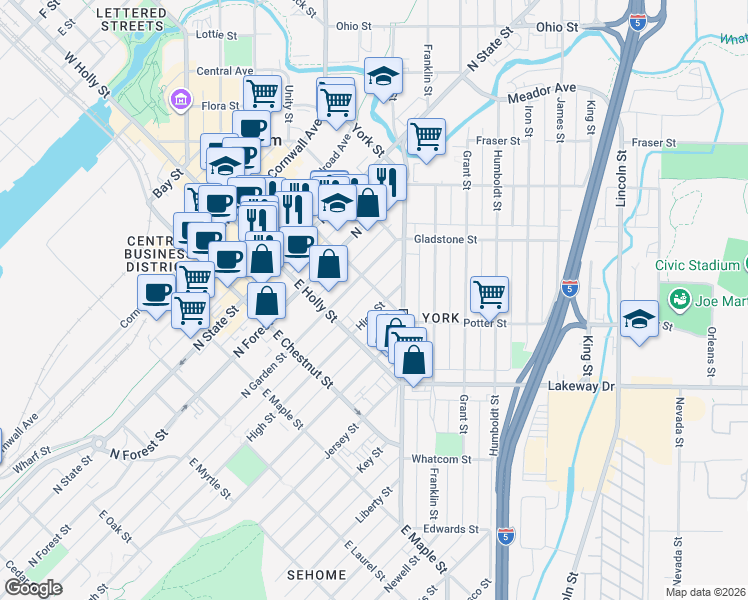 map of restaurants, bars, coffee shops, grocery stores, and more near 1315 High Street in Bellingham