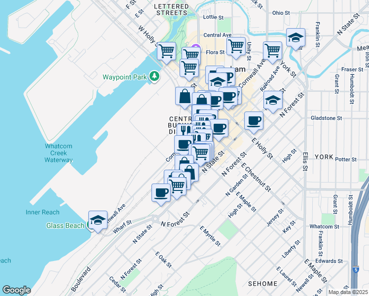 map of restaurants, bars, coffee shops, grocery stores, and more near 1020 Cornwall Avenue in Bellingham