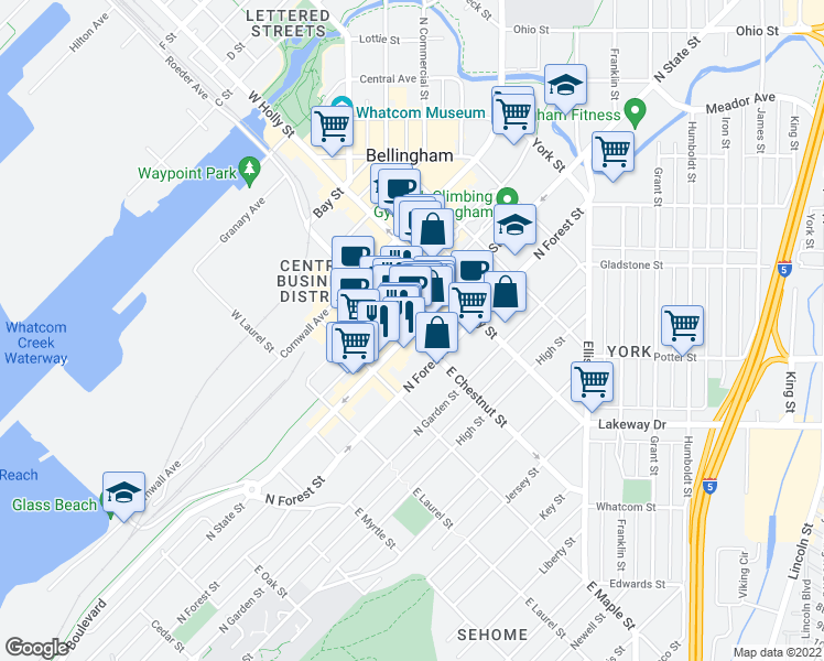 map of restaurants, bars, coffee shops, grocery stores, and more near North State Street & East Chestnut Street in Bellingham