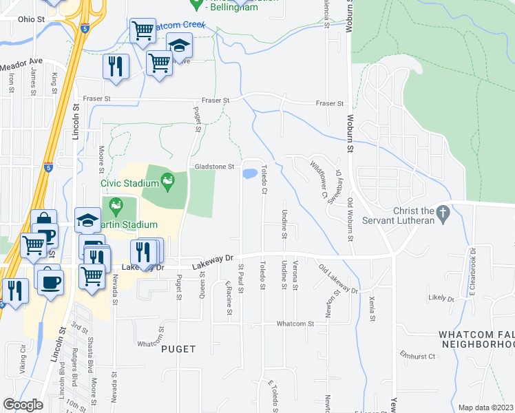 map of restaurants, bars, coffee shops, grocery stores, and more near 1411 Toledo Street in Bellingham
