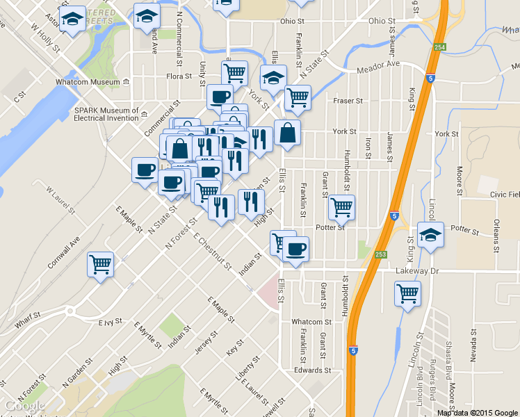 map of restaurants, bars, coffee shops, grocery stores, and more near 1315 High Street in Bellingham